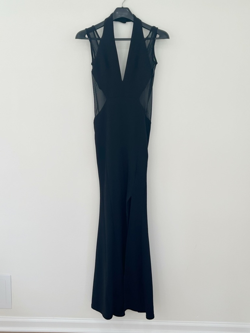 TFNC Black Maxi Evening Dress with Mesh Panels Size 4